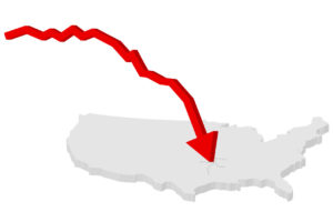 Map of united states with red arrow crashing on it.