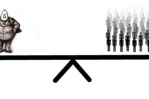 Graphic of a large man in a suite on one side of a see-saw and many smaller people balancing it on the other.