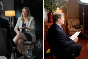 Side-by-side image with Frances Haugen's 60 MInutes interview on the left and Richard M. Bowen's 60 Minutes interview on the right.