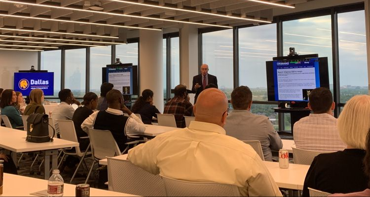 Image of Richard M. Bowen speaking to a class at A&M Commerce at Dallas.