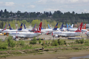 Photo of grounded Boeing jets at Boeing Field in Seattle Washington.