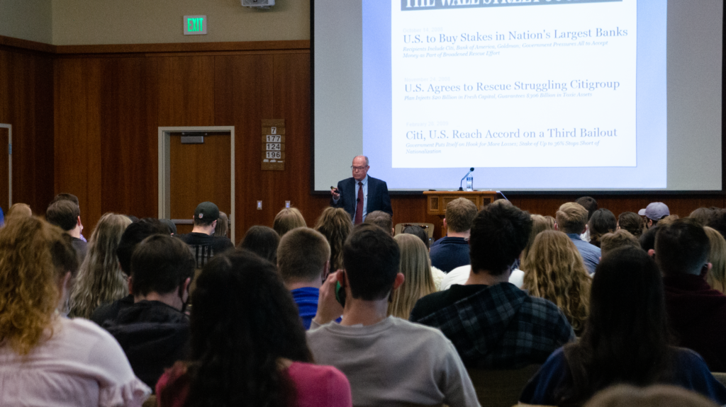 Image of Bowen speaking to a group of students at Brigham Young University.