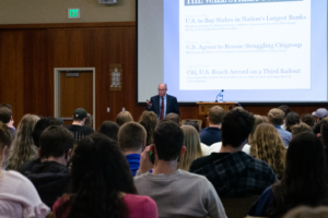 Image of Bowen speaking to a group of students at Brigham Young University.