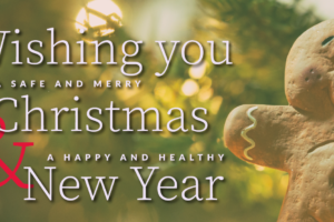 Image of a gingerbread man ornament hanging on a tree behind the text, "Wishing you a safe and merry Christmas & a happy and healthy New Year"