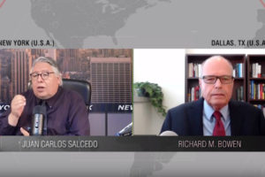 Screenshot of split-screen interview with Juan Carlos Salcedo on the left and Richard M. Bowen on the right.