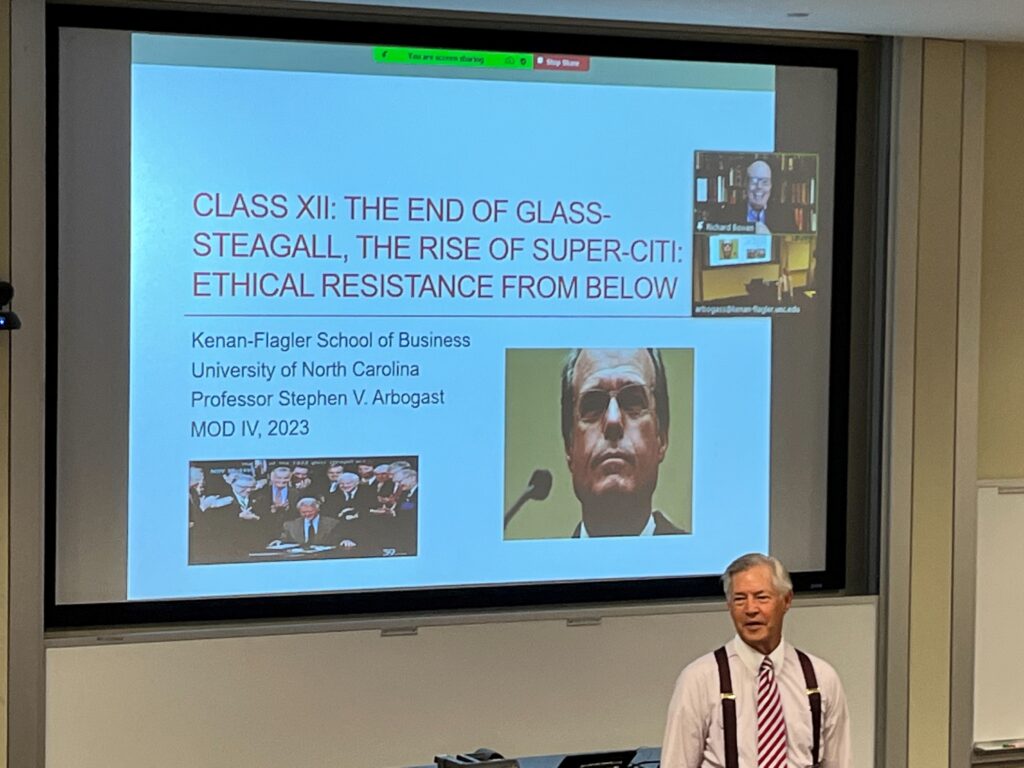 Photo of Stephen Arbogast in front of Richard M. Bowen's slides on a Zoom call for Resisting Corporate Corruption class.