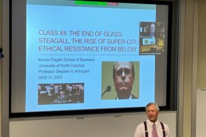 Photo of Stephen Arbogast in front of Richard M. Bowen's slides on a Zoom call for Resisting Corporate Corruption class.