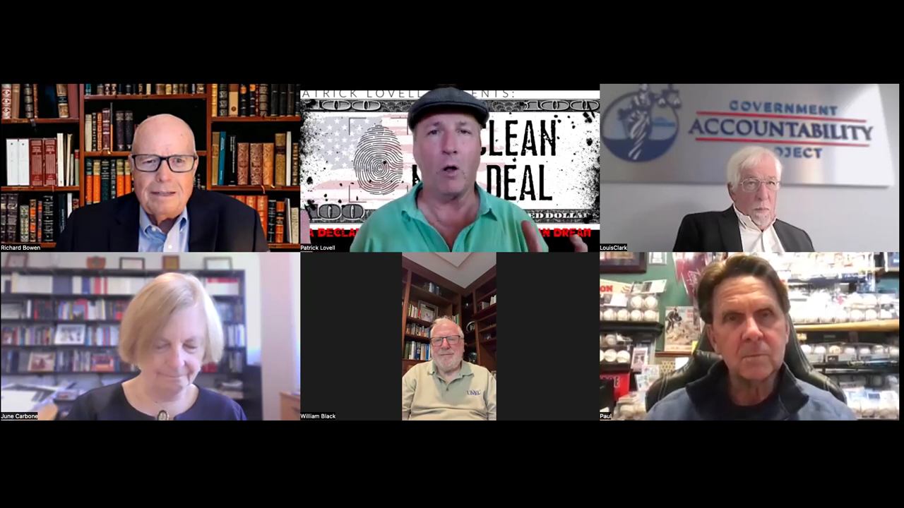 Screen grab from Patrick Lovell Truth Bombs The con on YouTube showing a six-up of Richard Bowen, Patrick Lovell, Louis Clark, June Carbone, William Black, and Paul Pelletier.